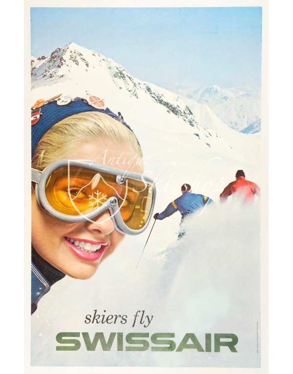 Vintage Swiss Ski Poster : SKIERS FLY SWISSAIR Vintage Swiss Ski Poster : SKIERS FLY SWISSAIR