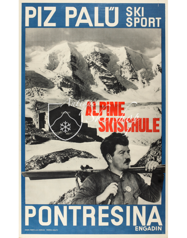 Vintage Swiss Ski Poster : PONTRESINA - PIZ PALU Vintage Swiss Ski Poster : PONTRESINA - PIZ PALU