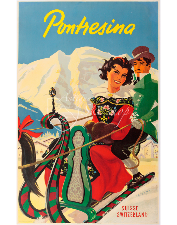 Vintage Swiss Ski Poster : PONTRESINA (Sleigh)