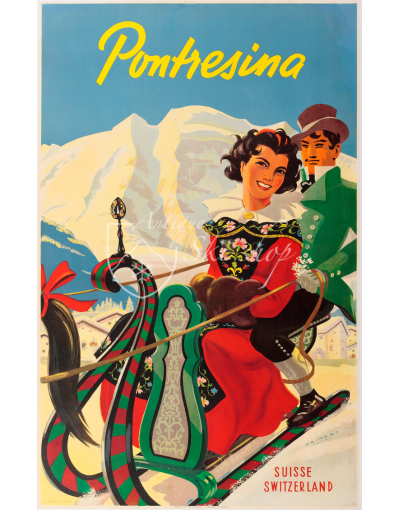 Vintage Swiss Ski Poster : PONTRESINA (Sleigh)