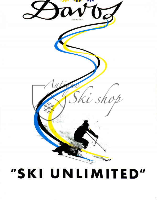 Vintage Swiss Ski Poster : DAVOS - SKI UNLIMITED Vintage Swiss Ski Poster : DAVOS - SKI UNLIMITED