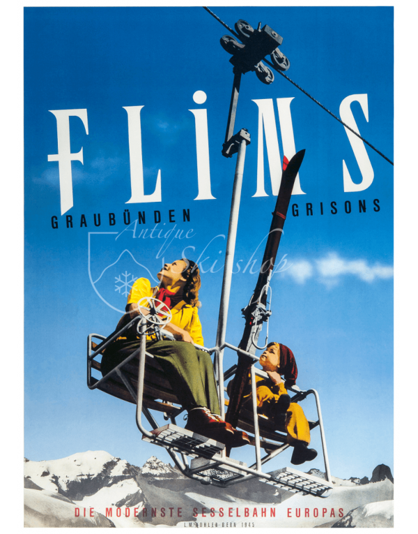 Vintage Swiss Ski Poster : FLIMS (Chairlift) Vintage Swiss Ski Poster : FLIMS (Chairlift)