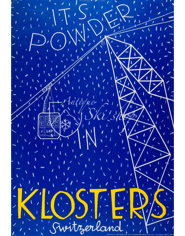 Vintage Swiss Ski Poster : IT'S POWDER IN KLOSTERS