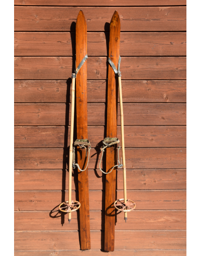 Antique Handmade Homestead Skis & Bamboo Ski Poles (Restored)