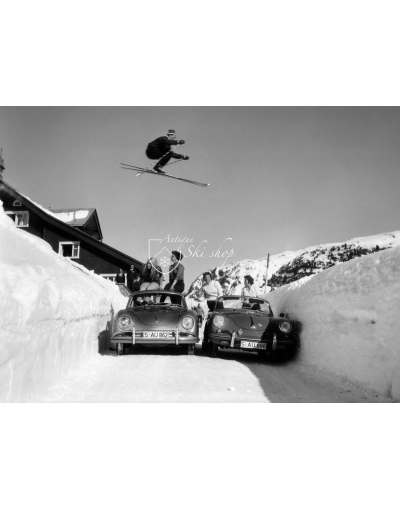 Vintage Ski Photo - Ski Jump Over 2 Porsche 356's